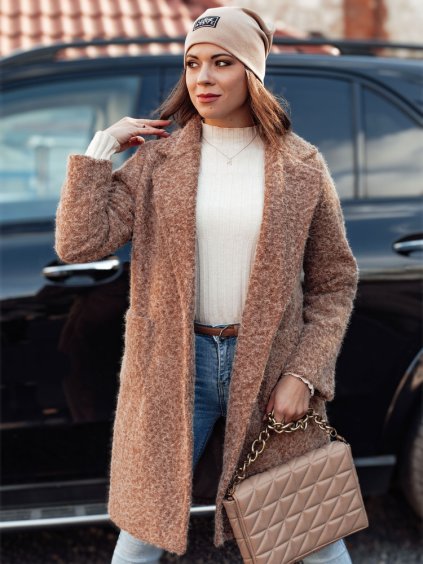 Bézs női hosszú báránygyapjú kabát MOODLAY