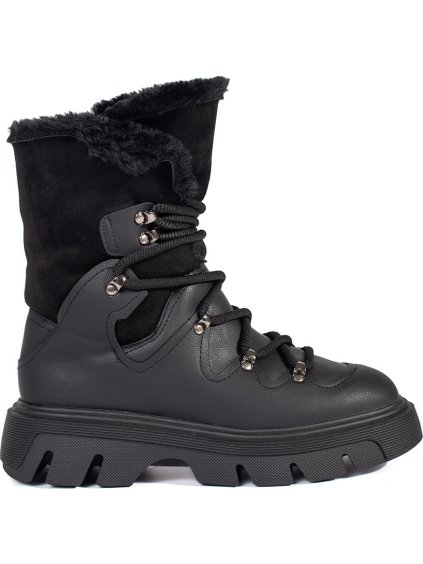 Fekete női fűzős hótaposó platformon,  szőrmével