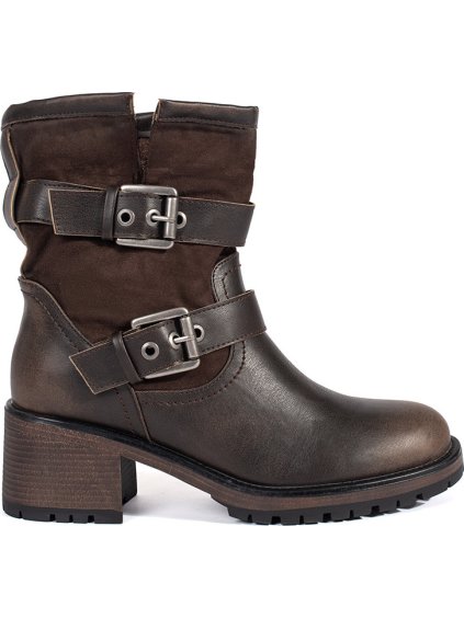 Barna női csatos bokacsizma, sarok 6 cm