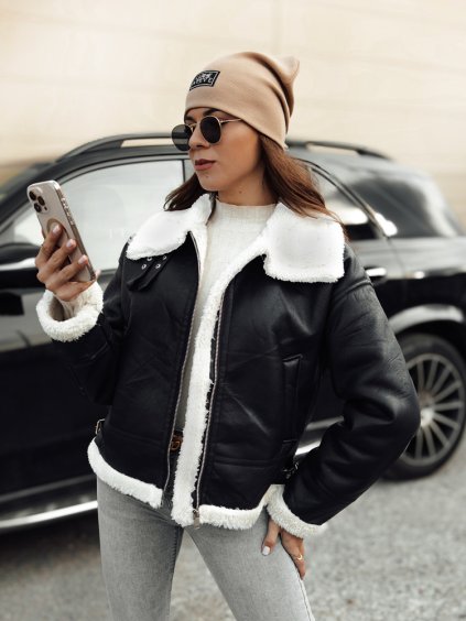 Fekete női bélelt bőrkabát FURBLAZE