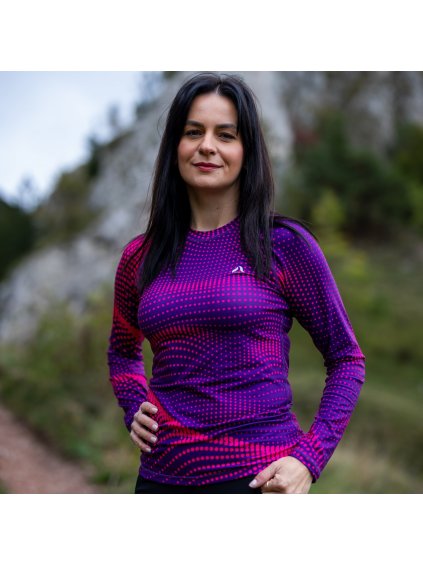 Lilás-rózsaszín női  funkcionális póló, hosszú ujjú