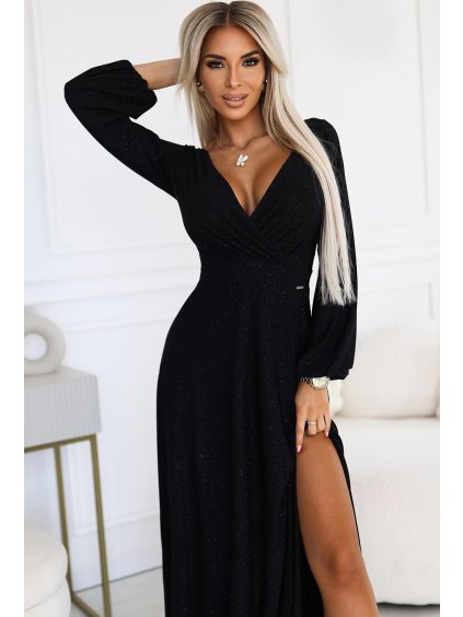 Fekete fényes hosszú ruha nyakkivágással, hosszú ujjú