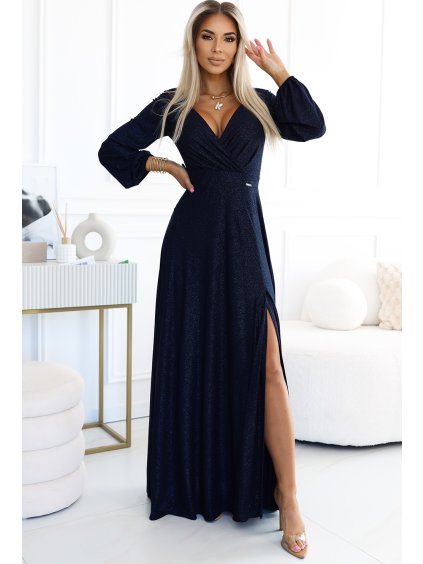Sötétkék fényes hosszú ruha nyakkivágással, hosszú ujjú