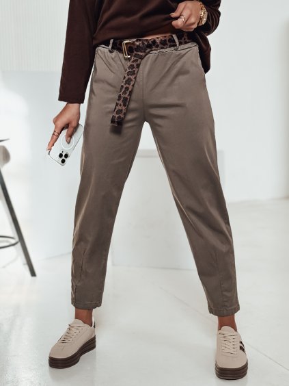 Khaki női egyenes nadrág övveé LEOCINCIN