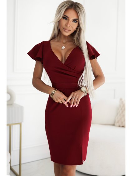 Bordó ruha nyakkivágással és övvel STEPHANIE