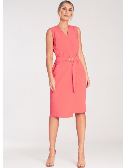 Női korallszínű midi ruha övvel