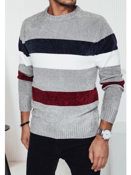 Világosszürke meleg férfi pulóver divatos csíkokkal