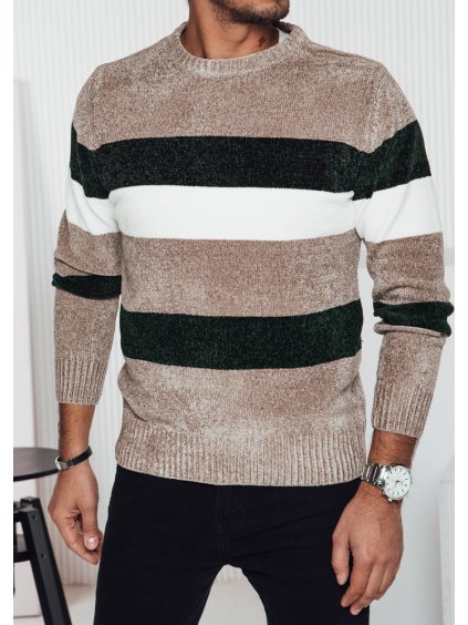 Bézs meleg férfi pulóver divatos csíkokkal