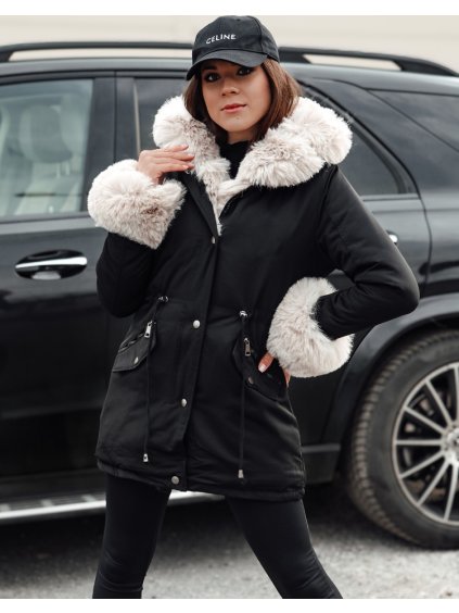Fekete női parka krémszínű bundával CHARMFUR