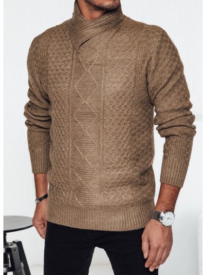 Világosbarna férfi pulóver kendőgallérral