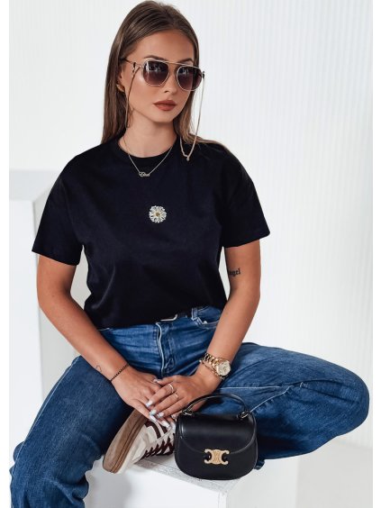 Fekete női póló virágmintával FLORTA