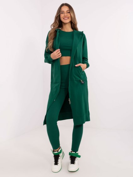 Sötétzöld női háromrészes szett cipzáras pulóverrel
