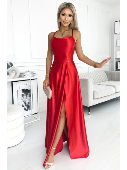 Hosszú piros szatén ruha PERLA