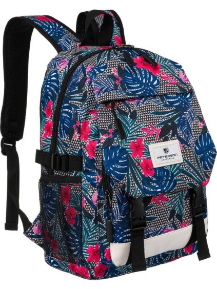 Peterson fekete sportos iskolai hátizsák színes növénymintával