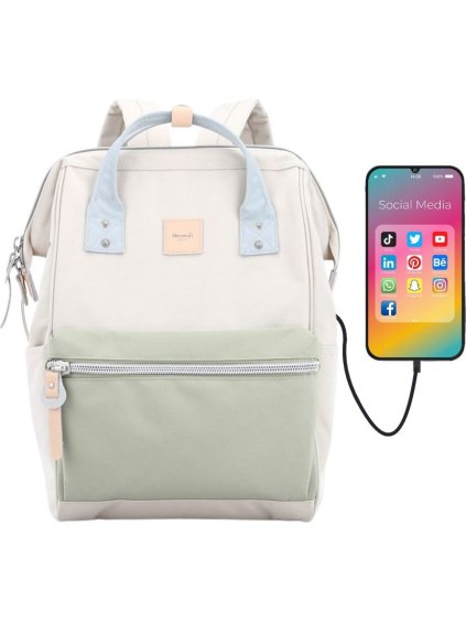 Himawari krémszínű-zöld női hátizsák laptop zsebbel és USB porttal