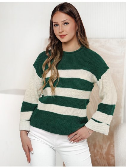 Zöld-fehér női csíkos pulóver LINEZZA