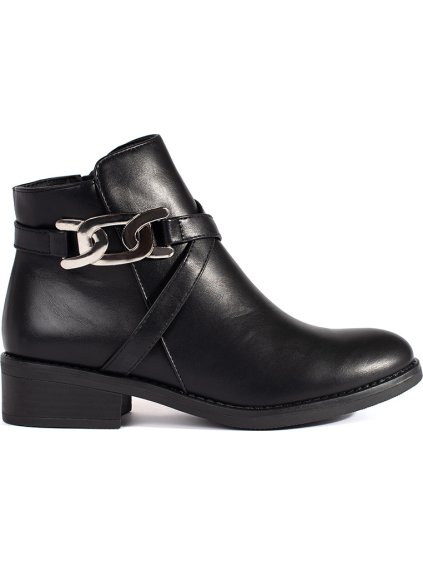 Fekete női lapos sarkú bokacsizma dekoratív pánttal