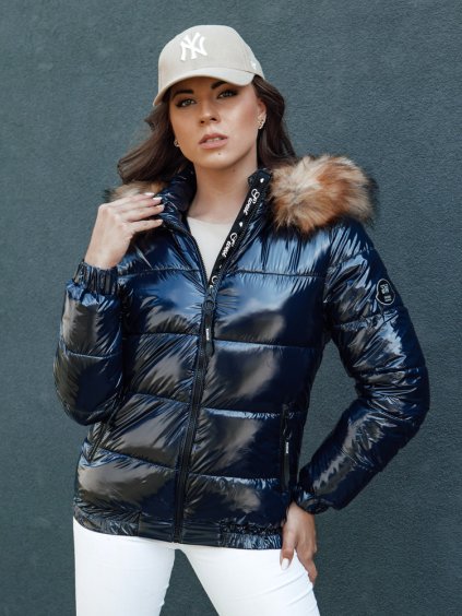 Sötétkék női fényes kabát szőrmével MELANI