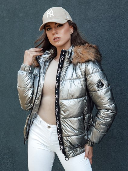 Ezüst fényes kabát szőrmével MELANI