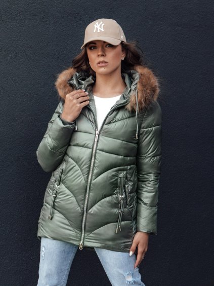 Női zöld téli steppelt kabát kapucnival WINTERCHIC