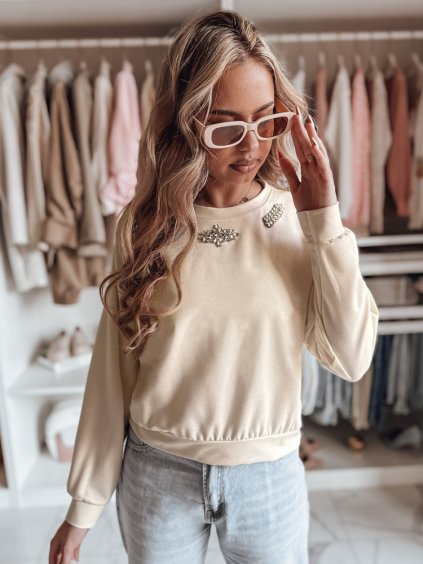Bézs színű női könnyű pulóver dekoratív díszítéssel CRYSTALIA