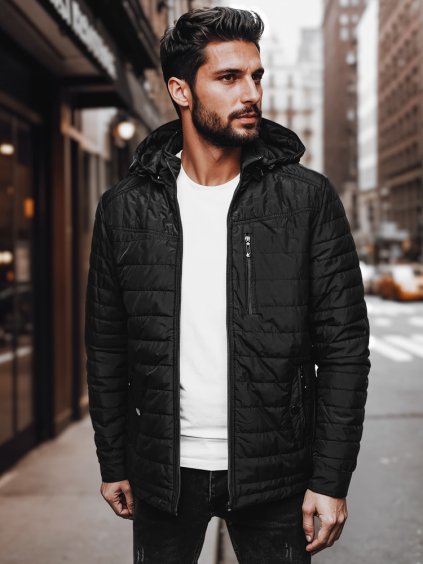 Férfi fekete steppelt átmeneti kabát kapucnival