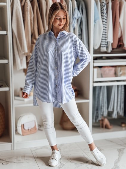 Fehér-kék női hosszú oversize ing strasszokkal BLUSENA