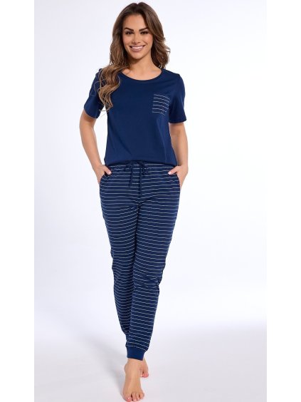 Sötétkék női hosszú pizsama csíkos nadrággal Cornette (Barva sötétkék, Méret S)