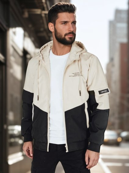 Krémszínű-fekete férfi átmeneti kabát kapucnival és nyomattal