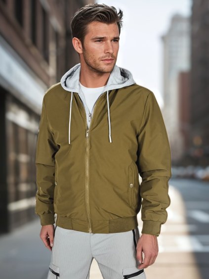 Khaki férfi bomber pulóver kapucnival
