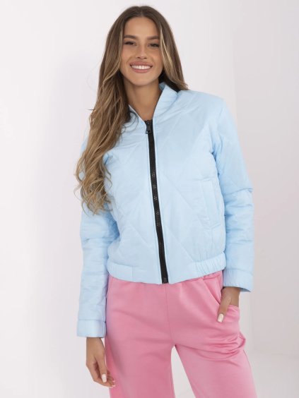 Világoskék női steppelt bomber kabát állógallérral