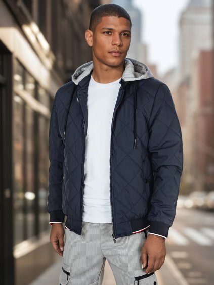 Férfi sötétkék átmeneti steppelt kabát kapucnival