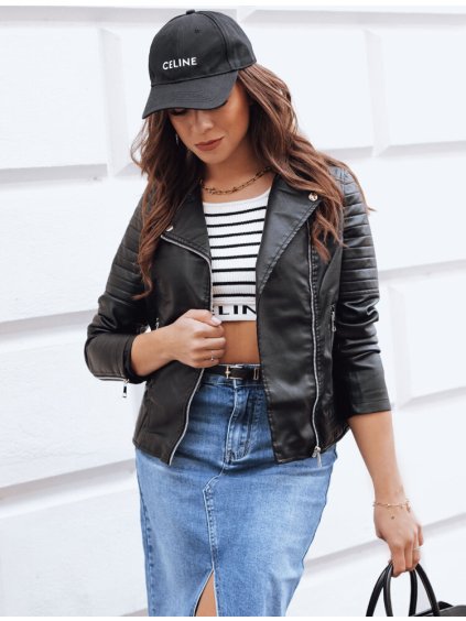 Női fekete műbőr kabát steppeléssel az ujjakon GLIMMERS