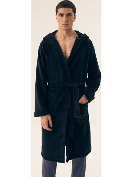 Sötétkék férfi puha fürdőköpeny kapucnival Henderson (Méret L, Barva sötétkék)