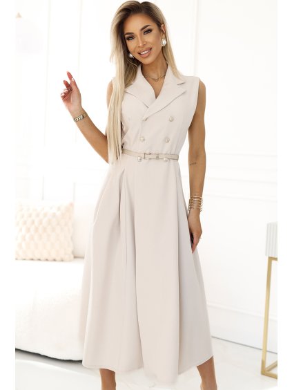 Bézs színű női elegáns midi ingruha arany gombokkal és övvel