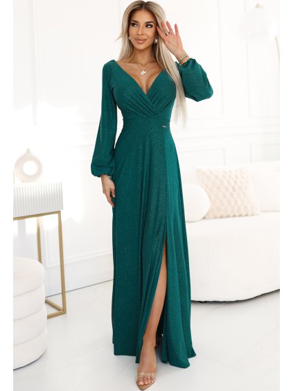 Palackzöld fényes hosszú ruha nyakkivágással és hosszú ujjal
