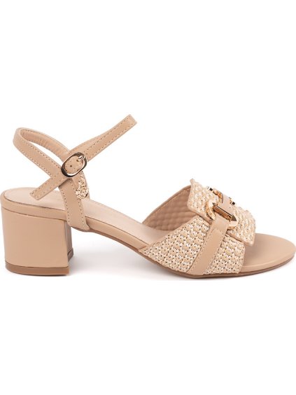 Bézs női oszlopsarkú szandál díszcsattal, sarok 5 cm