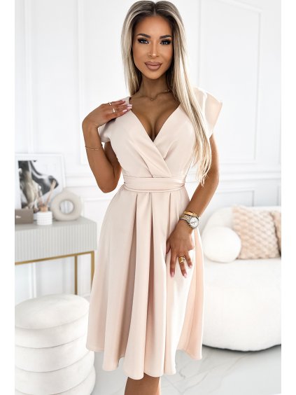 (Méret L) Világos bézs ruha átlapolt nyakkivágással SCARLETT