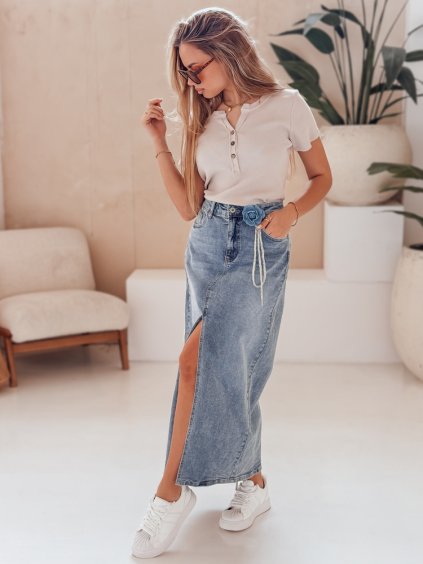 Kék női farmerszoknya hasítékkal és díszvirággal ROSA LOVE