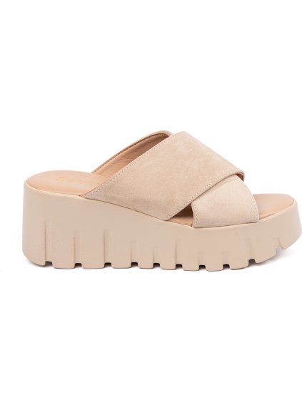 Bézs színű, velúr női éksarkú papucs, 6,5 cm-es sarokkal