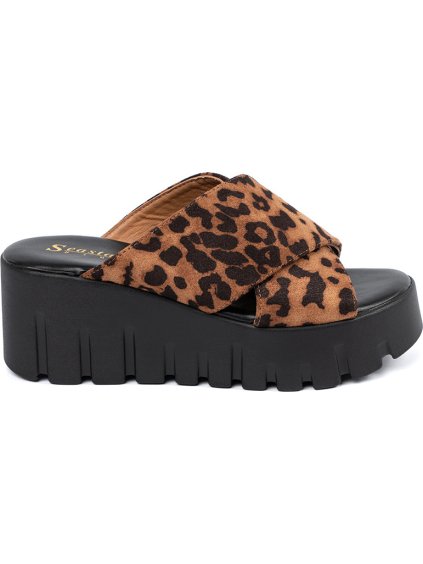 Női velúr éktalpú papucs leopárdmintával, 6,5 cm-es sarokkal