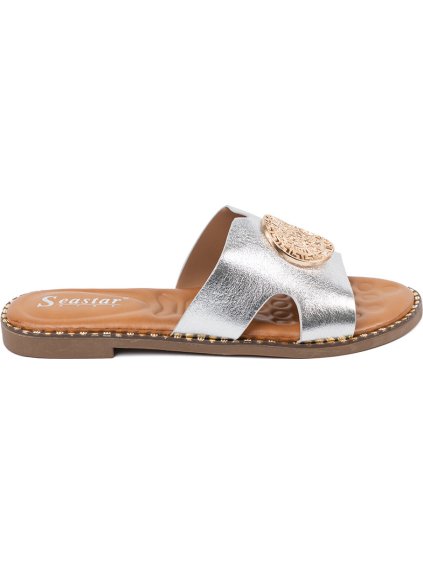 Ezüst női papucs arany csattal