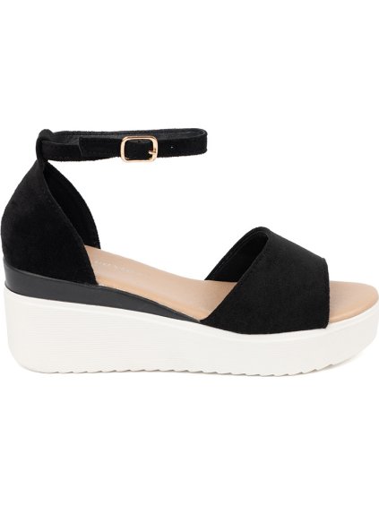 Fekete női szandál fehér éktalpon, 7 cm-es sarokkal