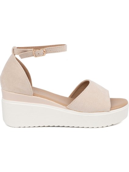 Világosbézs színű női szandál fehér éktalpon, 7 cm-es sarok