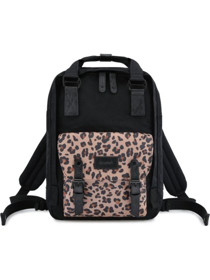 Himawari fekete stílusos hátizsák zsebbel, leopárdmintás