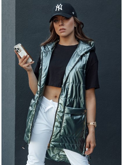 (Méret XL) Sötétzöld fényes steppelt mellény kapucnival JESS