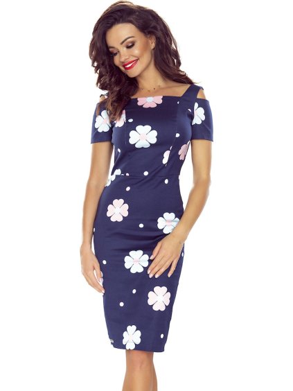 Elegáns virágos kék ruha rövid ujjakkal ISABELLA