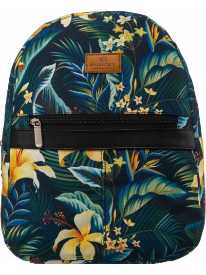 Sötétkék városi hátizsák levelekkel és virágokkal Rovicky