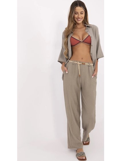 Sötétbézs női nyári viszkóz nadrág kötött övvel