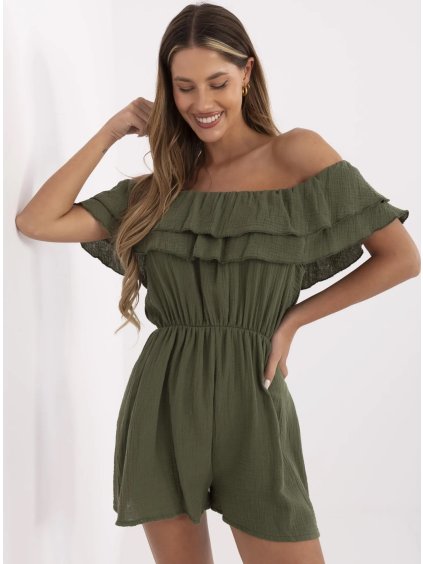 Khaki színű női muszlin overál nyitott vállakkal